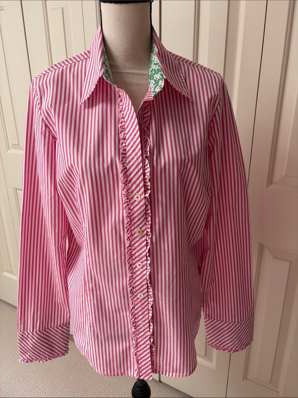 Lily Pulitzer Pink and White Striped Ruffle Button-Up Shirt Size 14 - Picture 1 of 5